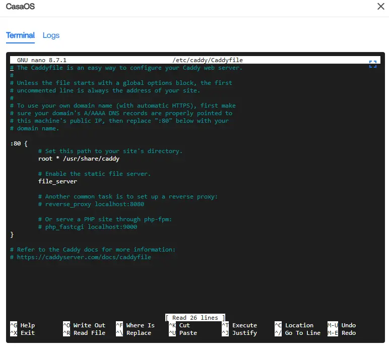 Editing /etc/caddy/Caddyfile
