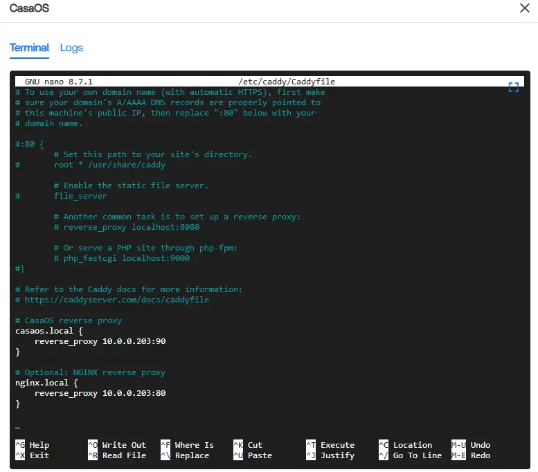 Configured Caddyfile Rules