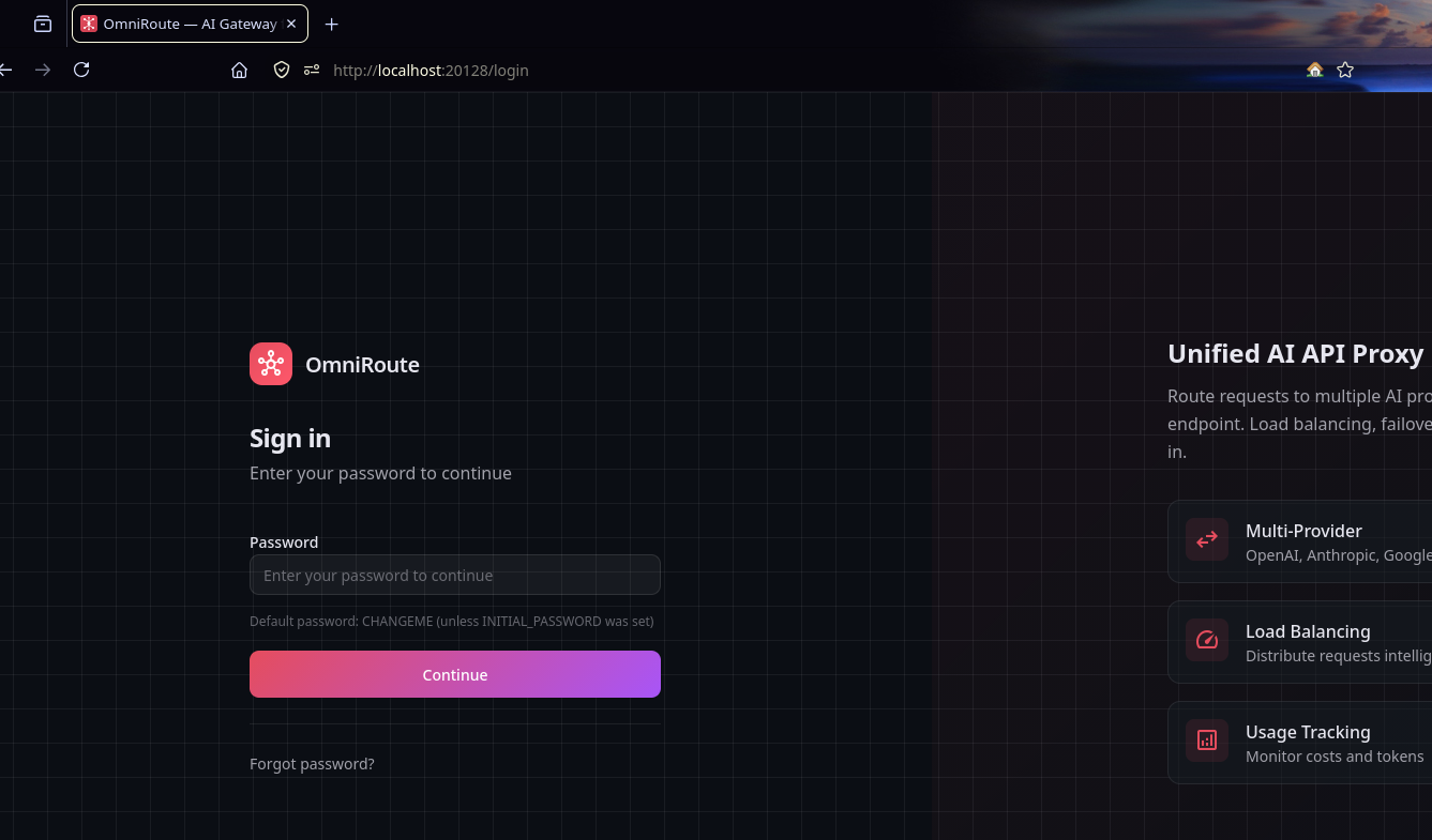 OmniRoute initial setup screen with password
