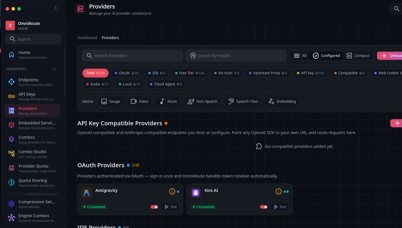 OmniRoute providers selection interface