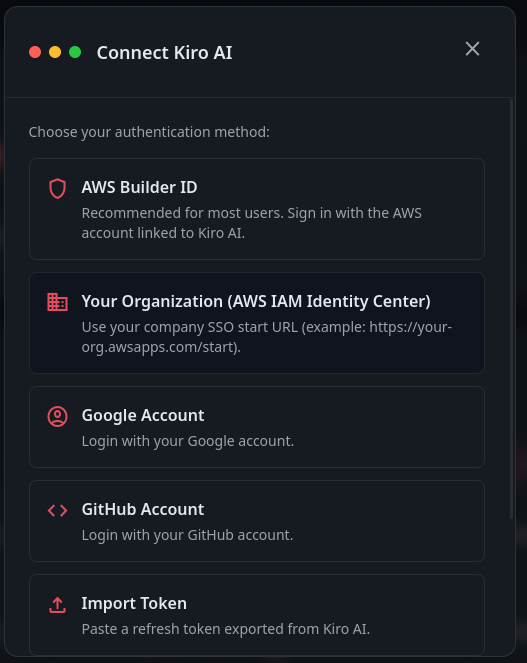 Kiro AI provider configuration